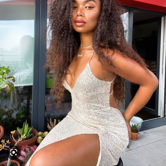 Meshki Silver sequin strappy back gown with champagne undertone lace-up back. - Picture 6 of 7